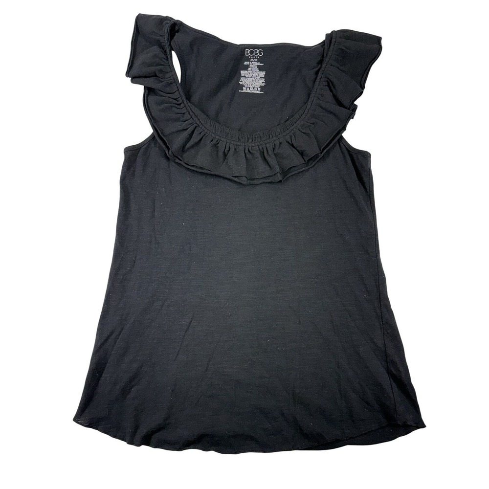 BCBG Paris Sleeveless Tank Top Double Ruffle Neck Black Cotton Medium